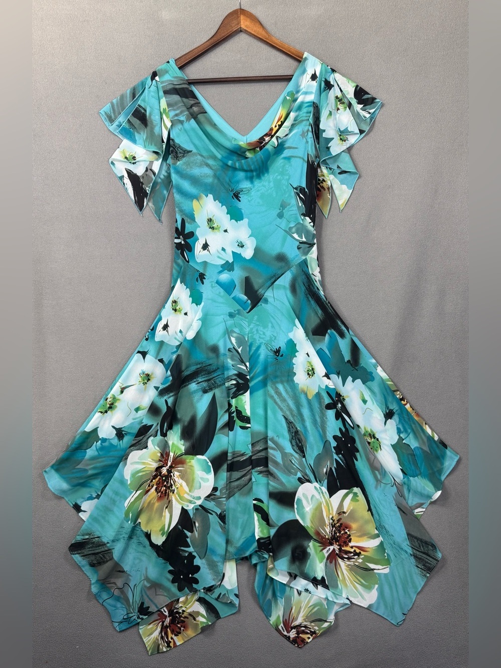 Fairycore Signature by Robbie Bee Teal Floral Asymmetrical Fairy Cowl Neck Dress